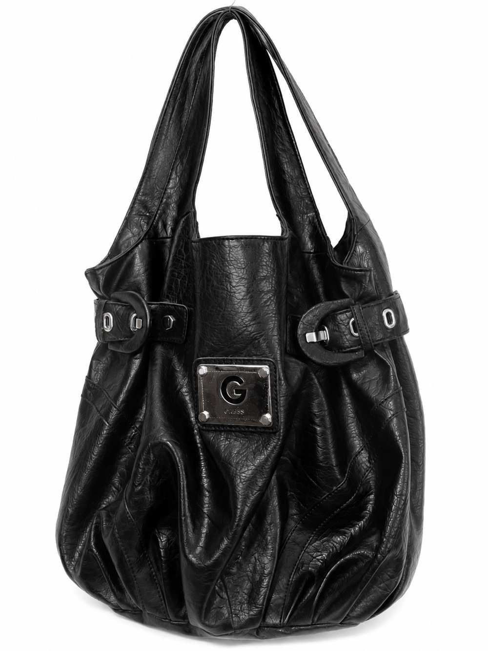 GUESS Black Slouch Hobo Shoulder Bag Faux Leather Silver Hardware Y2K